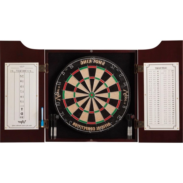 Viper by GLD Products Hudson All-in-One Dart Center: Classic Solid Wood Cabinet & Official Sisal/Bristle Dartboard Bundle: Standard Set (Shot King Dartboard), Mahogany Finish, One Size
