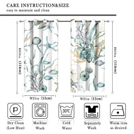 Llylumty Ocean Beach Curtains,Watercolor underwater Gold Shell Coral Underwater Animals Plant Seaweed Home Decor Grommet Window Drapes for Bedroom Living Room 21x45in,2 Panel Set