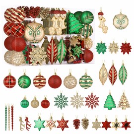 Alupssuc 96pcs Christmas Tree Ornaments Set, Plastic Shatterproof Hanging Baubles for Xmas Tree Decor, Holiday Balls Decorations with a Forest Theme and Animal Designs in Red Green & Gold