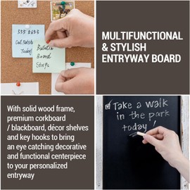 MyGift Wall Mounted Shabby White Washed Wood Entryway Bulletin Board Combo Set with Chalkboard, Cork Board, 2 Storage Display Shelves and 3 Key Hooks, Family Command Center Wall Organizer