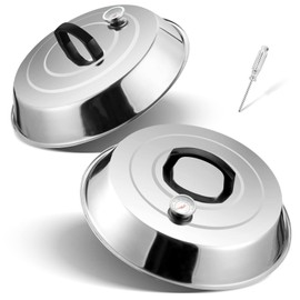 Basting Cover for Griddle, Leonyo 12" Cheese Melting Dome Set of 2, Griddle Dome Cover with Built-in Thermometer Stainless Steel Round Melting Dome Lid for Kitchen Wok, Flat Top Gril Griddle
