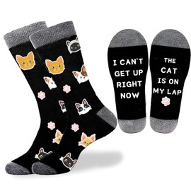 Novelty Cat Lovers Socks for Men Women, Cute Cotton Funny Animal Gifts for Dad Mom Husband Wife Christmas Ideas (Black Gray-Cat)