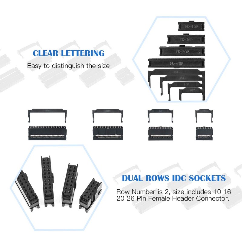 Glarks 70Pcs 2.54mm Pitch Dual Rows IDC Sockets 10 16