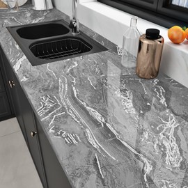 STICKEEP Grey Marble Wallpaper Peel and Stick Countertops Waterproof Silver Marble Contact Paper for Cabinets and Drawers Self Adhesive Gloosy Countertop Wallpaper for Bathroom Walls RV 17.71" x 315"
