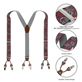 PAPA LEGGENDA Suspenders for Men with Strong Clips, 1.4 Inches Wide Heavy Duty Men's Suspenders Adjustable Y-Back for Work Jeans, Wine Red Cashew Flower
