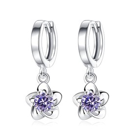 Salanda Sterling Silver CZ Dangle Earrings, Purple Plum Blossom Drop Earrings, Female Hypoallergenic Gift