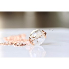 Rose Gold Ball Necklace - Dandelion in Glass Ball with Rose Quartz / Gift for Her / Wish You What / Lucky Necklace / Best Friend