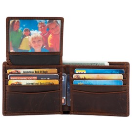 POKOFO RFID Blocking Genuine Leather Bifold Wallet for Men with Zipper and 2 ID Windows (Dark Brown Crazy Horse Leather)
