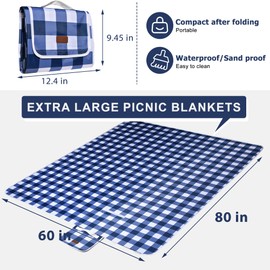 ALLBFENG 80"x60" Waterproof Sandproof Picnic Mat - Portable Foldable Outdoor Blanket for Beach, Park, Travel & Indoor Use - Lightweight Compact Design, Easy-Carry (Blue&White)