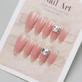 Hkanlre Almond Medium Pink Fake Nails Tips Rhinestones Press on Nails Full Cover False Gradient Nails for Women 24PCS
