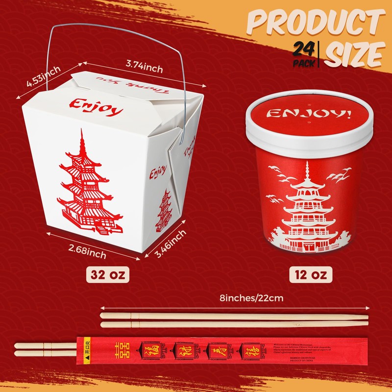 Zubebe 24 Set 32 oz Chinese Take out Box, Bamboo