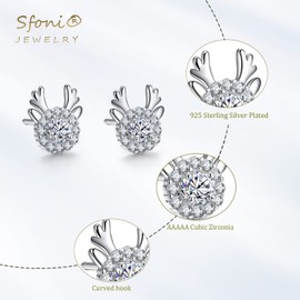 Sfoni Silver Christmas Stud Earrings for Women 925 Sterling Silver Reindeer Studs Cubic Zirconia Studs Earrings Gift for Christmas Girlfriend Mum Teens Girls Christmas Earrings with Jewellery Box