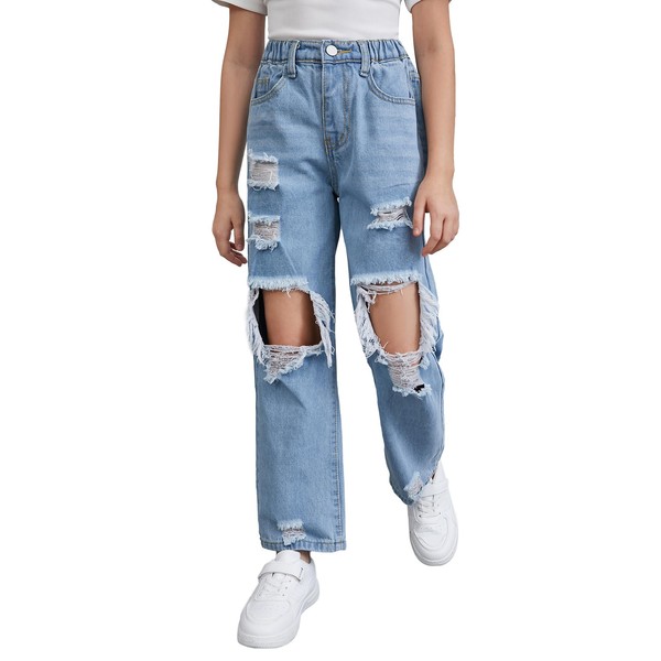Floerns Girls Elastic Waist Distressed Ripped Straight Leg Denim Jeans