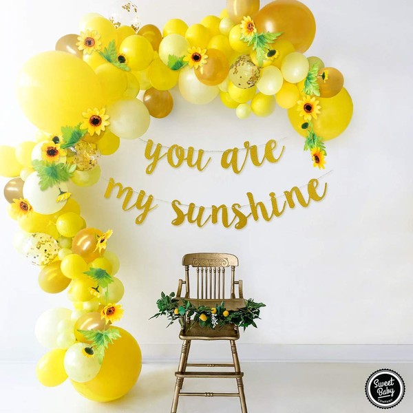 Sweet Baby Co. Sunflower Baby Shower Decorations for Girl or Boy Sunflower Balloon Garland Arch Kit with Yellow Balloons, Flowers Vine, You Are My Sunshine Gold Banner, Bee Theme Decor Birthday Party