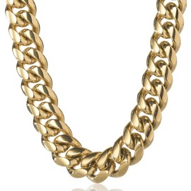TRIPOD JEWELRY Men's 14K or White Gold Plated Stainless Steel Cuban Link Chain or Bracelet - Hip Hop Miami Cuban Link Choker Gold Chains Necklace (14K Gold - 18mm, 20.00)