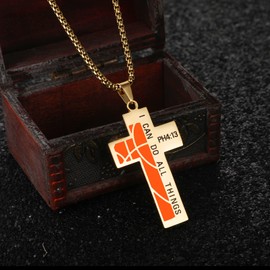 Susook Basketball Cross Necklace for Men Bible Verse I CAN DO All Things Stainless Steel Sport Pendant for Men(Gold)