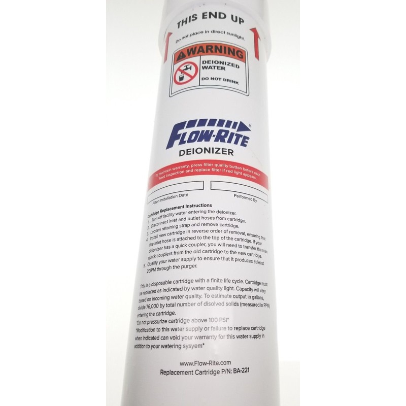 FLOW-RITE BA-221 Replacement Cartridge Deionized Water Supply 2007 to Current