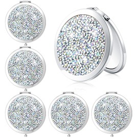 Yulejo 6 Pieces Magnifying Compact Cosmetic Mirror Diamond 1X/ 2X Makeup Mirror 2.75 Inch Round Pocket Travel Makeup Folding Small Purse Size Mirror for Women Girls Bridesmaid Gift (Colored Silver)