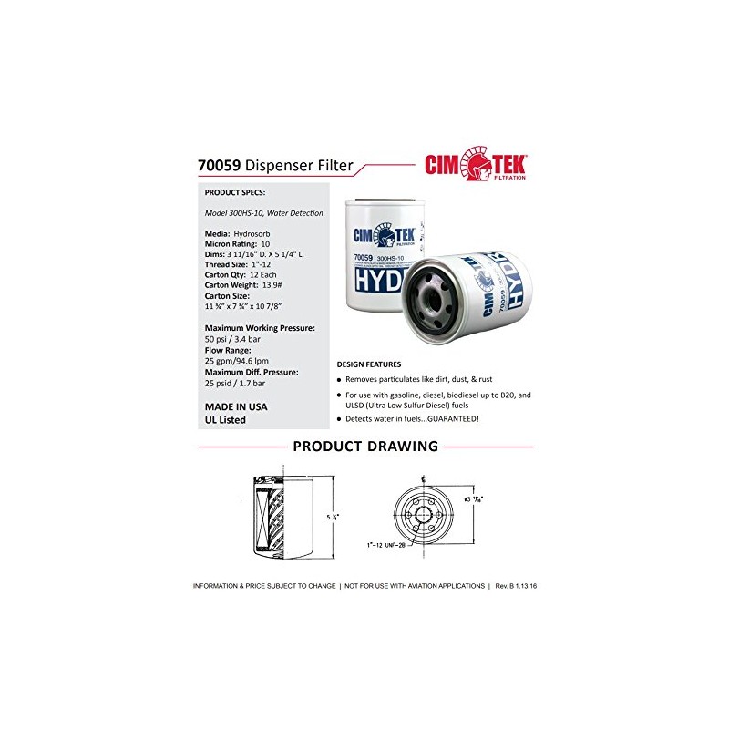 Cim-Tek 70059 Centurion 300-HS10II Hydrosorb Filter, 10 Micron Gas