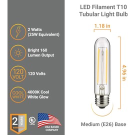 Diodesy- T10 LED Bulb Edison Filament Light E26 Medium Base Dimmable 2W (25W Equivalent) 4000K Cool White 160 Lumens 126mm Tubular Clear Glass for Chandelier Pendant Sconces UL Listed Pack of 5