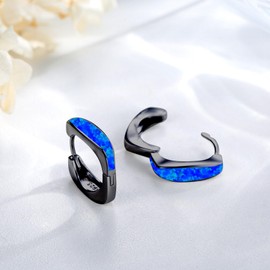 Hoop Earrings for Men 925 Sterling Silver Blue Opal Hoop Earrings Hypoallergenic Small Hinged Hoop Earrings Fashion Square Hoop Opal Jewelry Gifts for Women Men Sensitive Ears Black Gold Hoop,