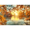 CSFOTO Polyester 5x3ft Autumn Backdrop Fall Leaves Water Lake Sunset