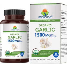 Brieofood Organic Garlic 1500mg, 45 Servings, Vegetarian, Gluten Free, 90 Vegetarian Tablets