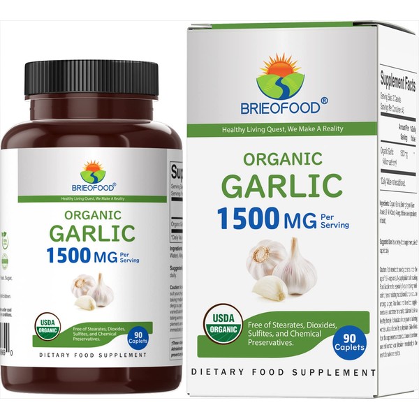Brieofood Organic Garlic 1500mg, 45 Servings, Vegetarian, Gluten Free, 90 Vegetarian Tablets