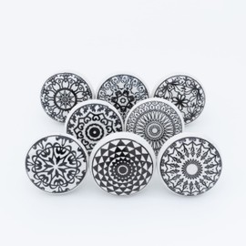 ETHNICITI 8 x Round Black & White Handmade Geometric Ceramic Door Knobs Cupboards Drawers Cabinets Wardrobe Assorted Vintage Shabby Chic Kitchen Bedroom Living Room Furniture Dressers Pulls Handles