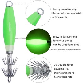 Luminous Squid Jig Hooks Fluorescent Fishing Lure Baits Luminous Cuttlefish Sleeve Jig Octopus Lures Set for Freshwater Saltwater Fishing(4pcs)