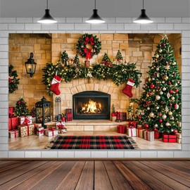 Telón de fondo de chimenea de Navidad de 10 x 8 pies para invierno, feliz Navidad, clásico, para árbol de Navidad, para familia, para niños, retrato de fotos, fondos de granja, pared de ladrillo