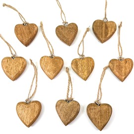 10x Wooden Heart Pendant with Jute Ribbon Approx. 4.5 x 5 cm, Decorative Hanger, Flat Wooden Hearts for Hanging