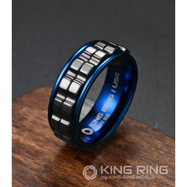 King Ring 8mm Wide Gear Spinner Ring – Ultra Polished Heavy Fidget Ring for Men & Women Stainless Steel Ring K42 – Blue Black 9