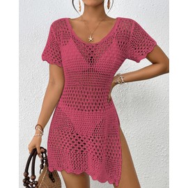 Bsubseach Bathing Suit Cover Up for Women Hollow Out Crochet Coverups Beach Dress 2025 Vacation Outfits Hot Pink XXL
