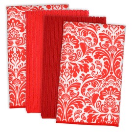 DII Microfiber Multi-Purpose Cleaning Towels Perfect for Kitchens, Dishes, Car, Dusting, Drying Rags, 16 x 19, Set of 4 - Red Damask
