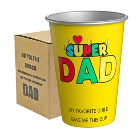 KIMI HOUSE 16 oz Stainless Steel Pint Cup Tumbler - Fathers Day Gift for Dad, Birthday Present from Daughter, Son - Reusable, Stackable, BPA Free Water Tumbler with SUPER DAD Design (Yellow)