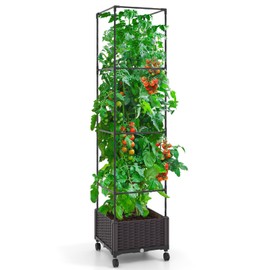 Giantex Raised Garden Bed with Tomato Cages, 67” Adjustable Height, Self Watering Planter Garden Box with Wheels, Trellis for Climbing Plants Vegetable Flower