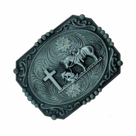 Religion Cross Cowboy Kneeling Prayer And Horse Design Belt Buckles (Silver/Square)