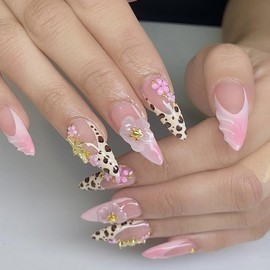 EYZOTSF Press on Almond Nails Medium Length Glossy Full Cover Acrylic French Almond Shaped False Nails with Designs Artificial Fake Nail with Charms Glue ons Fingernails for Women Girls(A90108)