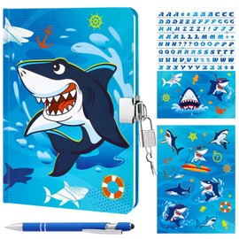 WERNNSAI Kids Diary Set for Boys Shark Journal Kit Luminous Journal with Lock and Keys, Boys Shark Diary, Private Diary A5 Lined Writing Notebook, Birthday Gift Set with Pen and Stickers
