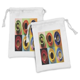 Ambesonne Coffee Fabric Pouch Set of 2, Cups of Coffee Tea Hot Chocolate on Colorful Background with Tasty Deserts Biscuits, Small Drawstring Bag for Toiletries Masks and Favors, 9" x 6", Multicolor