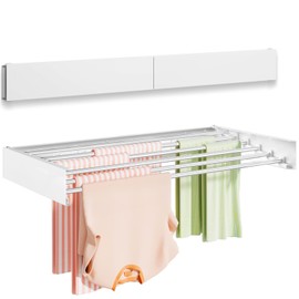 Vikaqi Wall Mounted Clothes Drying Rack 40 inches, Foldable Wall Mount Laundry Rack Folding Indoor, Drying Rack Clothing Collapsible, Hidden Space Saver with Wall Template, 6 Rods, White