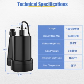 1/3 HP 2400GPH Portable Utility Pump Thermoplastic Sump Pump with 10 FT Cord