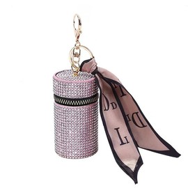 Rhinestone Lipstick Case Keychain with Decorative Ribbon, Pink Crystal, Gold Hardware