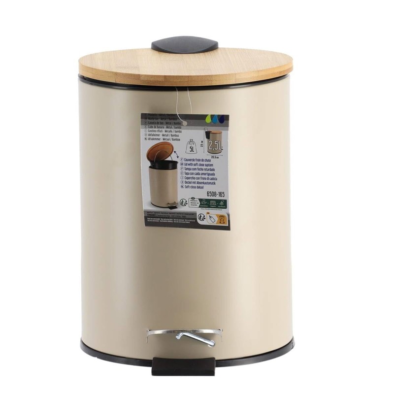 Metal Waste Bin with Fall Brake 2.5 L Taupe Bamboo