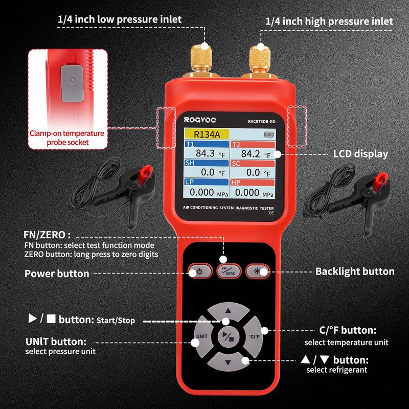 Rogvoc Digital Manifold Pressure Tester Gauge for HVAC, 2-Way AC