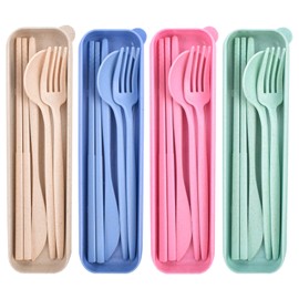 4 Sets Travel Utensils with Case, Reusable Utensils Set with Case, Wheat Straw Travel Chopsticks Knife Spoon and Fork Set, Portable Utensils Set with Case for Adult Travel Picnic Camping Lunch