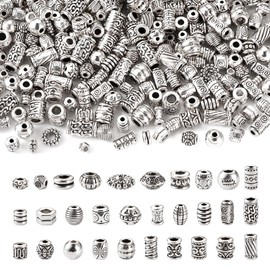 300Pcs Assorted Tibetan Style Alloy Beads Antique Silver Alloy Tube Column Barrel Beads Vintage Rondelle Cuboid Round Metal Beads for DIY Necklace Bracelet Earring Jewelry Making