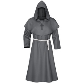 TOKYO REVENGERS Medieval Renaissance Monk Friar Priest Wizard Cloak Hooded Robe Cosplay Belt Necklace Set(Gray 2XL)