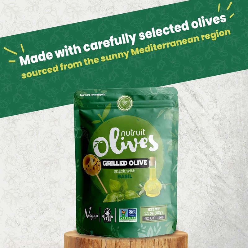 Nutruit Olives Snacks - Pitted Grilled Olives with Basil -